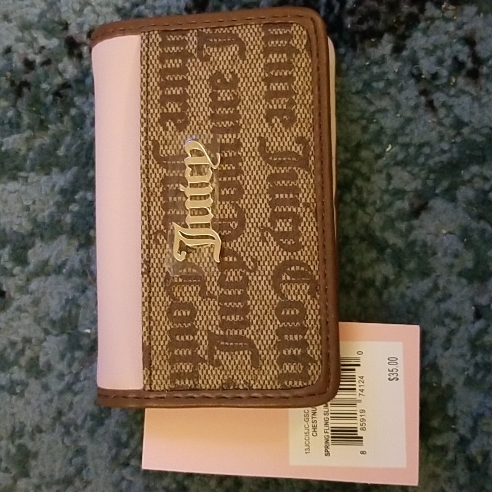 Juicy Couture Brown Logo Canvas Trifold Wallet with Pink Trim